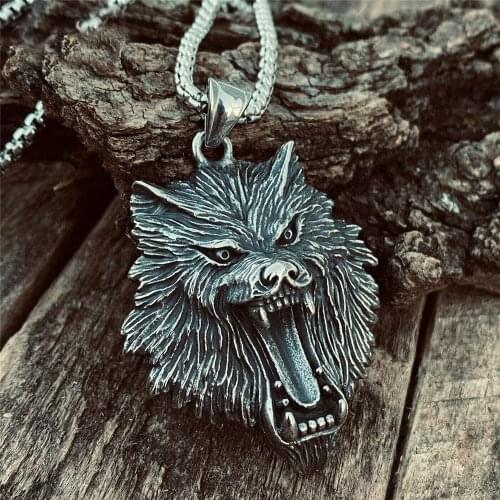 Stainless Steel Mens Viking Fenrir Wolf Head Pendant Necklace For Men Him