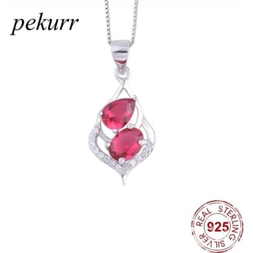 Pekurr 925 Sterling Silver Double Ruby Hollow Leaf Necklace For Women Zircon Pendants Choker Fashion Jewelry Gifts