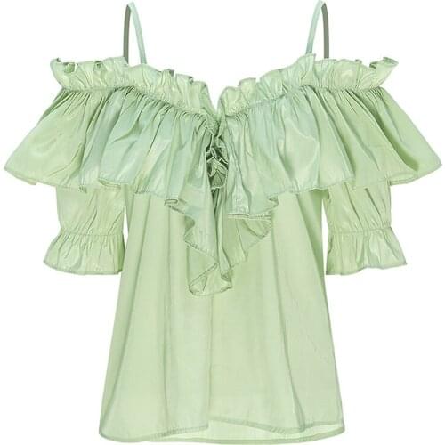 PERHAPS U Light Green Flare Half Sleeve Slash Neck Strapless Chiffon Elegant Blouse Shirt Women Summer B0627