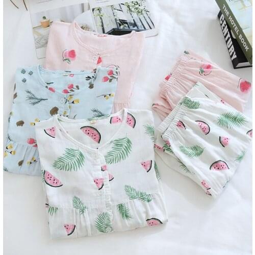 Fdfklak 2021 Spring Women Gauze Cotton Pajamas Set Long Sleeve Trousers Pyjamas Button-Down Floral Printing Sleepwear Pijamas