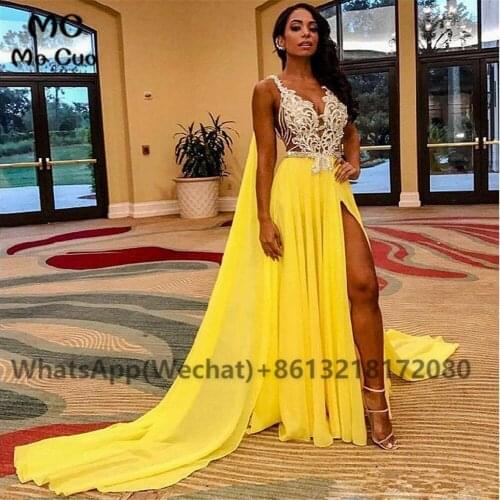 Embelished Yellow Prom Evening Dresses Long Beaded Pleat Front Slit Backless Draped Chiffon Womens Evening Gown Custom Made