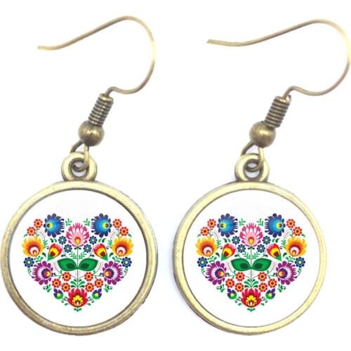 Polish Folk Glass Cabochon Drop Earring Ethnic Jewelry Modern Paper Cutting Element Flower Bronze Jewelry For Women Girls Gift