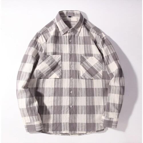 C2025 New Men Plaid Shirts Japan Style Linen Cotton Washing Black White Classic Long Sleeve Lapel Pocket Fashion Casual Camicia