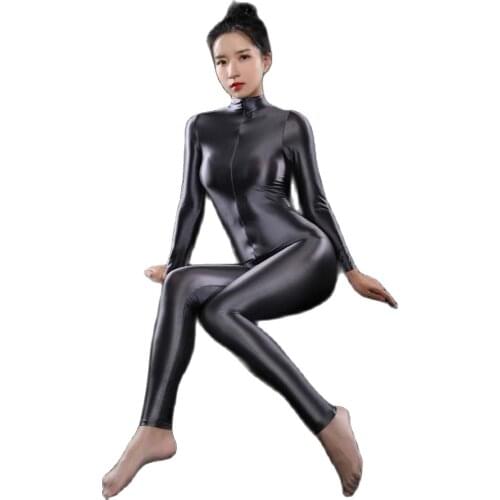Sexy Shiny Long Sleeve Zipper Open Crotch Bodysuit Bodycon Jumpsuit Tights Body Sculpting Bodystocking Catsuit Teddies Leotard