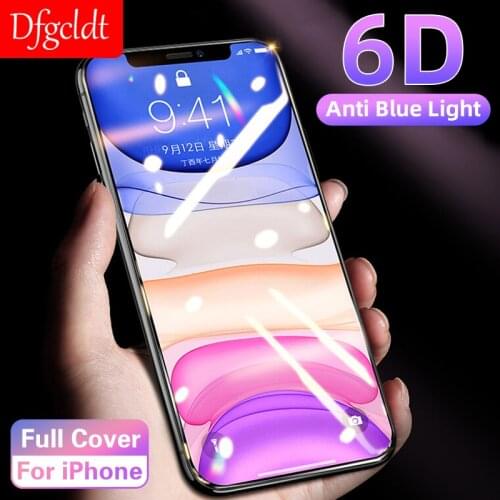 6D Curved Edge Anti Blue Light Screen Protector for iPhone 11 Pro X XS Max XR Full Cover Tempered Glass for iPhone 8 7 6 6s Plus