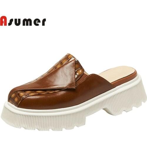 Asumer 2021 Spring Slipper Women Genuine Leather Shoes Round Toe Comfortable Square Heel Platform Shoes Women Casual Slipper
