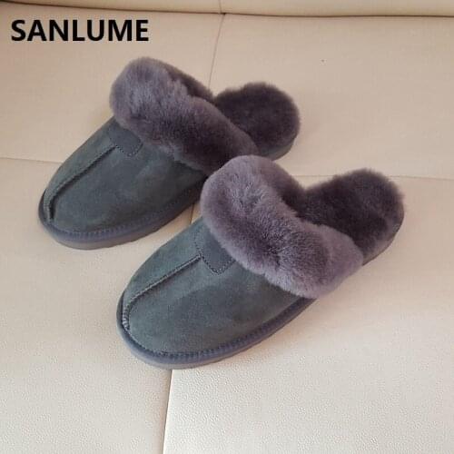 SANLUME Women Winter Sheepskin Leather Slippers 100% Real Sheep Fur Warm Slippers Gray chestnut Indoor Home plus size 41
