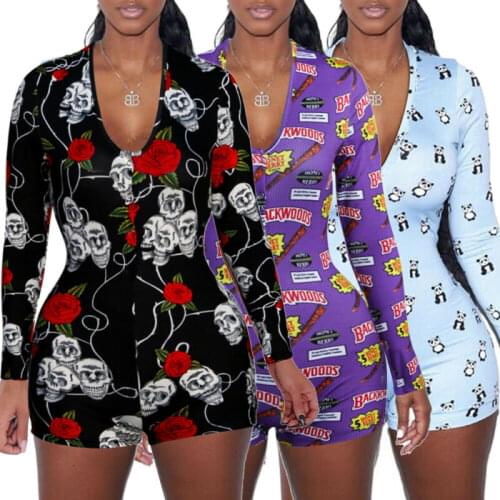 Sexy V-Neck Women Bodycon Bodysuit Casual Printed Sleepwear Jumpsuit Shorts Romper Sexy Ladies Long sleeve Pajamas Hot
