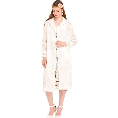 Plus Size Women Autumn Coats Organza Jacquard Double Breasted Notched Collar Long Sleeve Sash Belt White Trench Coat Outerwear