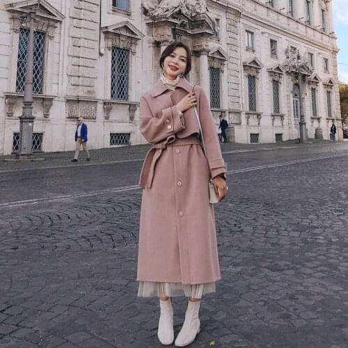 2021 New Womens Woolen Coat For Women Elegant Pink Long Sleeve Chic Outwear Ladies Autumn Winter Long Wool Jacket With Belt
