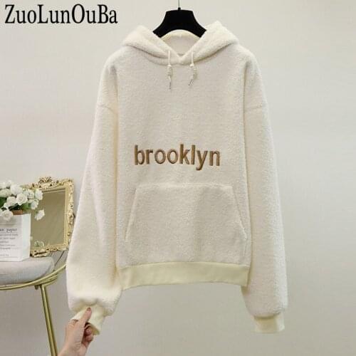 ZuoLunOuBa Autumn Winter Simple Embroidery Letter Hoodie Women Polar Fleece Long Sleeved Loose Pullover White Padded Tops Coat