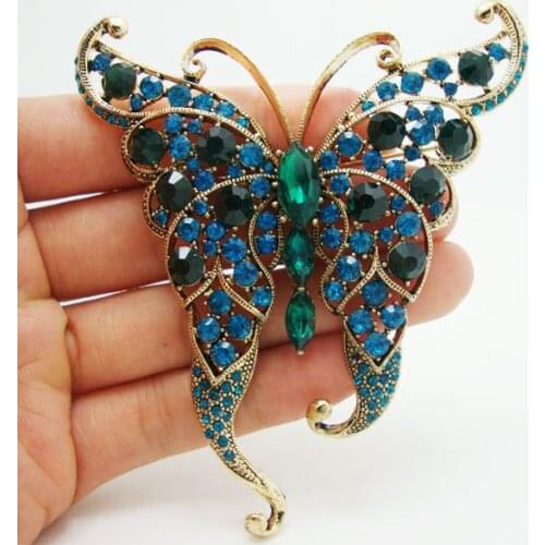 3.2" Unique Butterfly Insect Gold Tone Brooch Pin Blue Rhinestone Crystal
