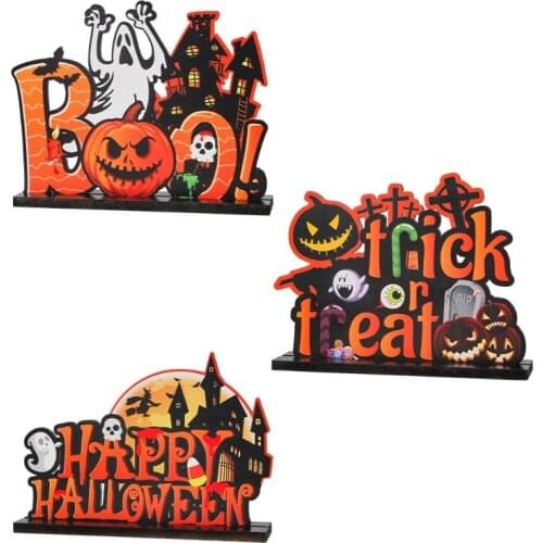 3 Pcs Happy Halloween Wooden Centerpiece Signs Figurines Witch Hat Pumpkin Shaped Party Table Top Decor Gift for Kids
