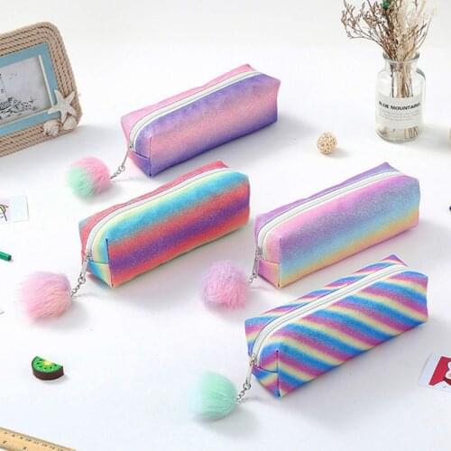 Fashion Rainbow Color Pencil Case Polyester Glitter Pen Pencil Bags For Girls Pen Bag School Supplies Korean Stationery Gift
