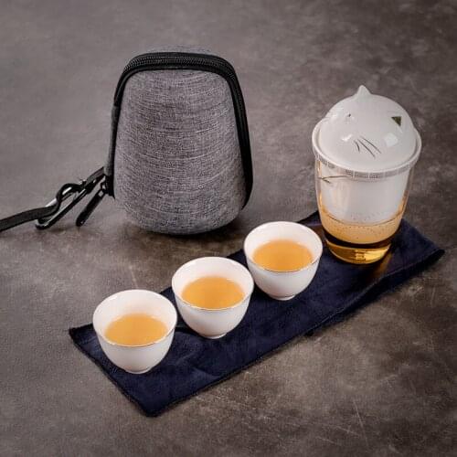 Travel tea set portable bag outdoor gold set set set one pot three cups ceramic cover bowl glass fair cup
