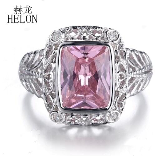 HELON Sterling Silver 925 Flawless Cushion 10x8mm 5ct Pink Topaz & Diamonds Ring Women Vintage Unique Fine Jewelry Ring