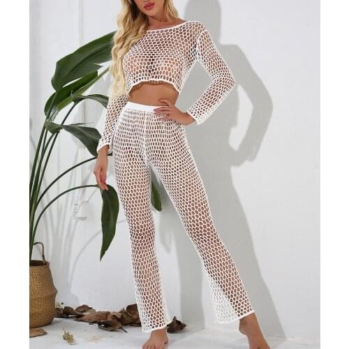Crochet Bikini Set Cover-up Sexy Sexy Beach Pant Tassel Women Beach Pants See Through Wide Leg Pants Sea Cover Up Trouser Bottom
