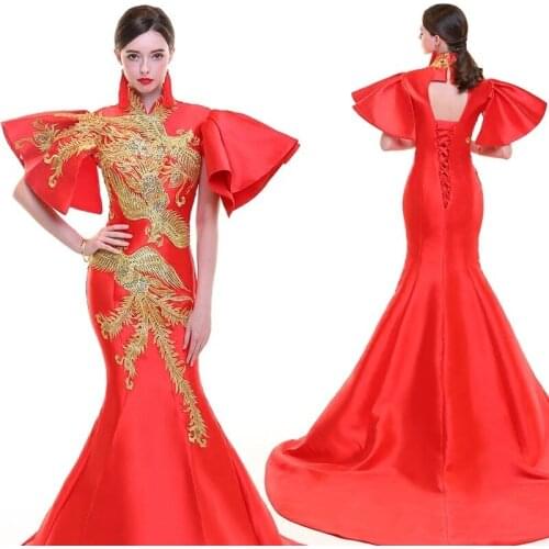 Red Embroidery Phoenix Trailing Oriental Evening Party Dresses Woman Cheongsam Halter Qipao Chinese Dress Vestido Chines Robe