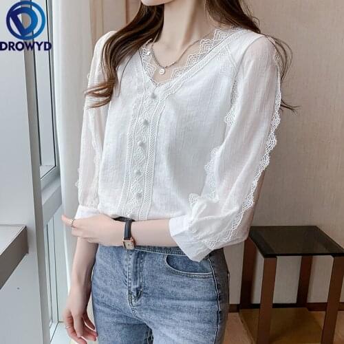 Lace V-neck Shirt Women 2021 Summer New Korean Style Temperament Lace Bottoming Shirt Loose and Versatile Long-sleeved Shirt Top