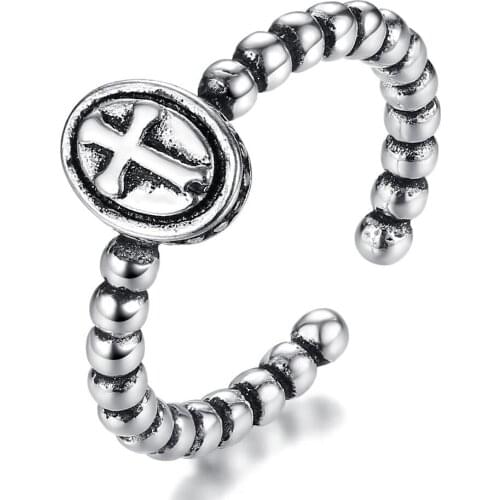 Cross Oval Vintage Punk Thin Adjustable Thai Silver Color Ring For Women Mens Korean Trendy Simple Tibetan Jewelry Gifts