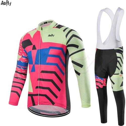 Aofly Color stripes Long sleeve autumn cycling jersey 9D bike pants suit men quick dry pro BICYCLING shirts Maillot Culotte wear