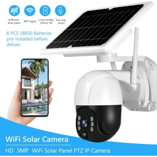 Solar wifi camera outdoor, 3MP Wireless WiFi Home Security Camera PTZ Rechargeable Battery Solar Powered Camera