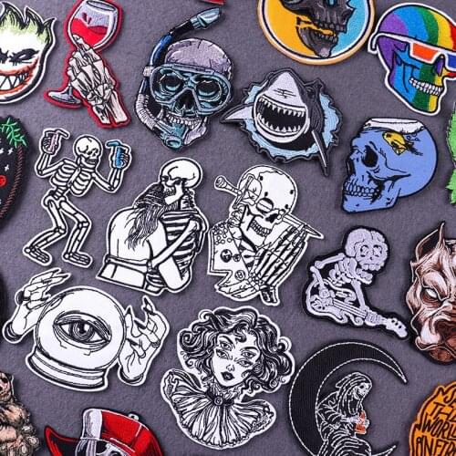 Skull Patches On Clothes Punk Patch Iron On Embroidered Patches For Clothing White Skeleton Stripes For Jackets Hippie Parches