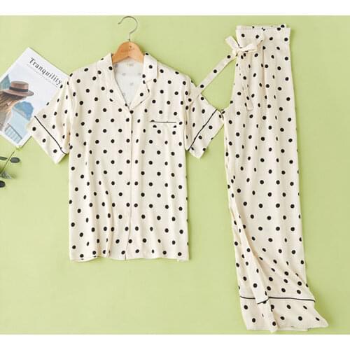 Couple Sleepwear Cotton Viscose Yellow Bottom Polka Dots Printed Women Pajamas Suit Casual Home Clothes Couple Pajamas Set