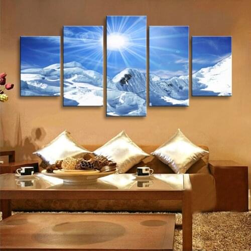 HD Printed Posters Home Decor Modular 5 Panel Snow Mountain Scenery Tableau Wall Art Pictures Canvas Cuadros Modern Paintings