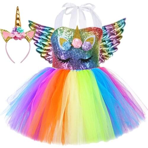 Rainbow Sequins Unicorn Dress for Girls Birthday Party Clothes Kids Halloween Carnival Cosplay Unicorn Tutu Costume Outfit 1-14Y