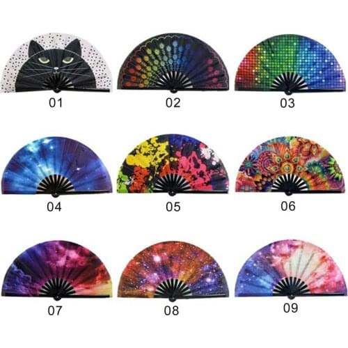 Carnival Festival Hand Stain Fan Large Folding Fan Printing Kung Fu Fan Satin Bamboo Bone Fan Gift Wedding Dance Supplies