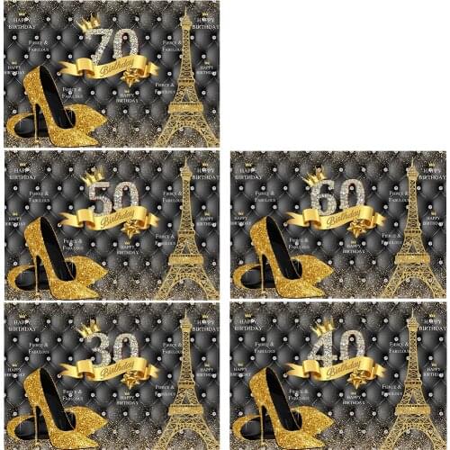 Fabulous 50th Birthday Photography Backdrop 30th 40th 60th 70th Birthday Background Lady Eiffel Tower Golden High Heels Diamond