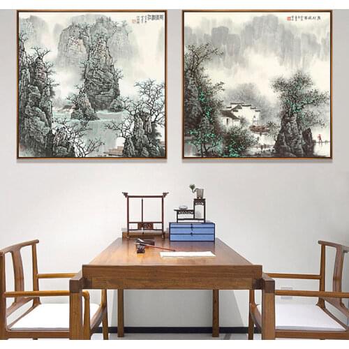 Modern Abstract Ink Painting Chinese Waterfront Landscape Mountain With water Canvas Art Poster Wall Print Picture Wall