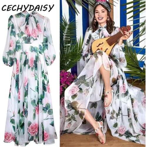 Vintage Rose Flower Print Dress Bow Collar 2020 Fashion Elegant Party Night Club Vacation Dinner Boho Beach Midi Dresses vestido