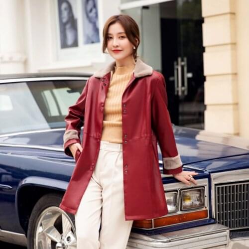 Leather Jacket Women Wine Red Long PU Faux Leather Coat 2021 New Autumn Winter Korean Slim Black XL-6XL Plus Size Clothing