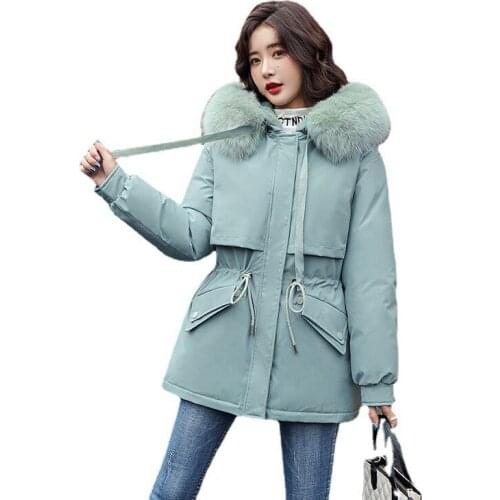 Female 2021 Winter New Jacket Loose Plus Velvet Fur Liner Thick Women Clothing Fur Collar Hooded Elegant Lady Cotton Coat OK952