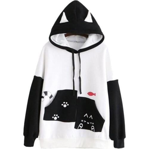 Womens Hooded Plus Velvet Sweatshirts With Ears On Hood Loose Preppy Style Student Winter Funny Hoodies Harajuku Pullover