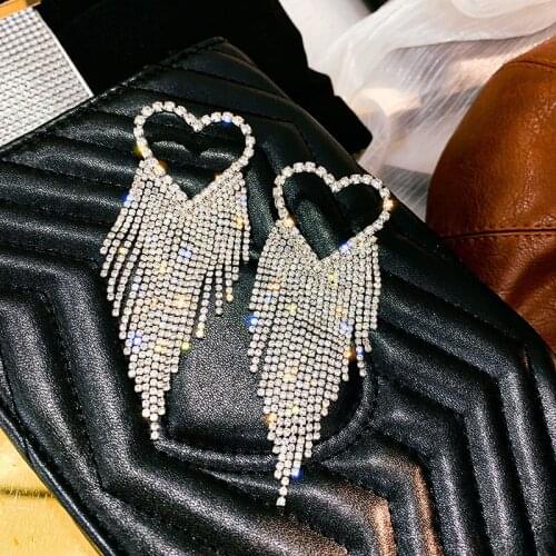 USTAR Bling Long Tassel Heart Crystal Drop Earrings for Women Full Rhinestone Dangle Earring Party Statement Wedding Jewelry