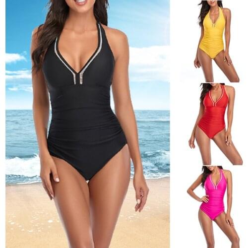 Womens Body Swimsuit Lace up Halterneck Cover Belly Solid Color without Steel Bracket with Chest Pad for Summer MC889