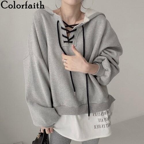 Colorfaith New 2021 Autumn Winter Women Sweatshirts Thicken Pullovers Oversized Fake 2 Pieces Hooded Korean Jumper Tops SS3586