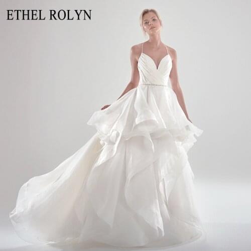 ETHEL ROLYN A-Line Wedding Dress 2021 Elegant Satin Backless Beaded Spaghetti Straps Ruffles Organza Bride Gown Vestido De Noiva