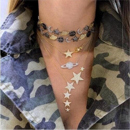 Women cz Gold Two tone Color FaShion jewelry Micro pave white black cz charm moon northStar Saturn planet Statement necklace