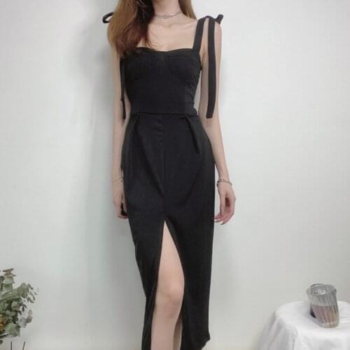 Retro Temperament Bow Strap Bodycon Dress Sexy Slash Neck Split Slim Solid Black Red Dresses Women Spring Summer 2021