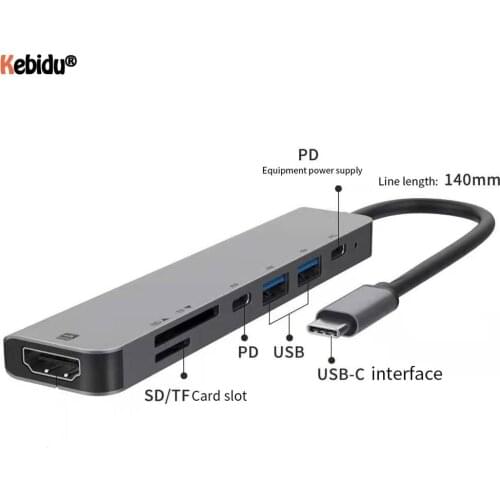 7 In 1 4K Multi ports Type C To USB-C HDMI-compatible Adapter USB 3.0 Cable Hub For Macbook Aux Ports Adapter High Speed