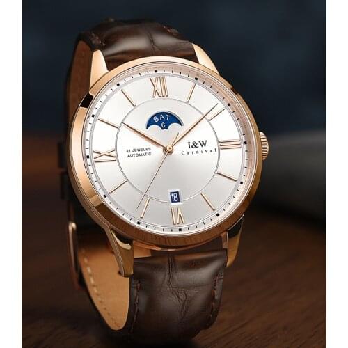 Switzerland I&W Carnival Moon phase GMT Automatic Mechanical Watch Men MIYOTA Sapphire Genuine Leather Strap Wristwatches montre