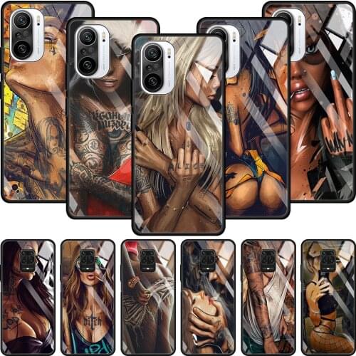 Tempered Glass Phone Case For Xiaomi Redmi Note 9s 8 10 k30 k40 Pro Plus 9 7 8t 9a 9t 10s Smartphone Hot Sexy Sleeve Tattoo Girl