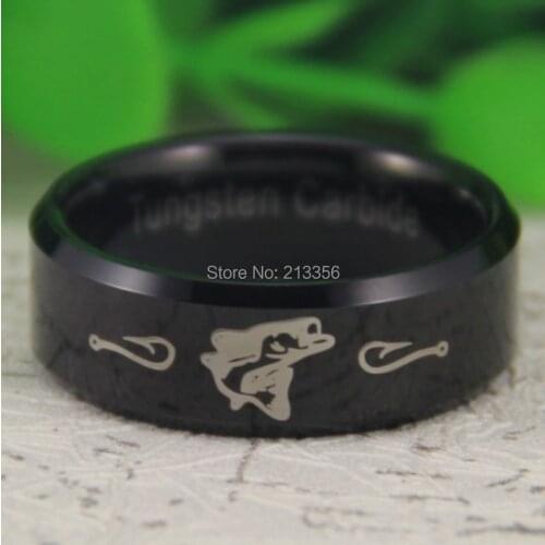 Cheap Price Free Shipping USA Canada Hot Selling 8MM Black Beveled Outdoors Fishing Newest Mens Tungsten Ring Wedding Band Ring