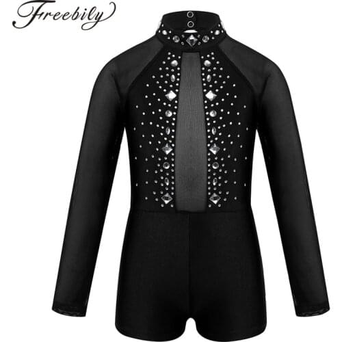 Kids Girls Long Sleeves Mock Neck Sparkly Rhinestone Tulle Splice Ballet Dance Gymnastics Leotard Unitard Biketard Dancewear