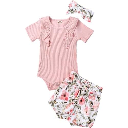 Clothes For Newborns Pink Short Sleeve Round Neck Knitted Cotton Romper Flower Printed Shorts Headband Baby Girl Clothes 0-24M