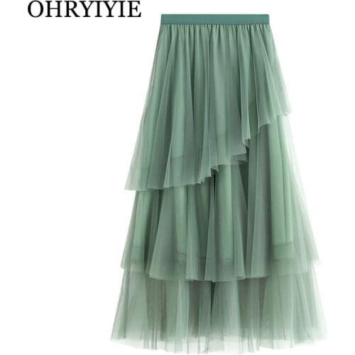 OHRYIYIE Green Pink Maxi Long Tulle Skirt Women Fashion Korean Elegant Elastic High Waist A-line Tutu Skirt Female Jupe Longue
